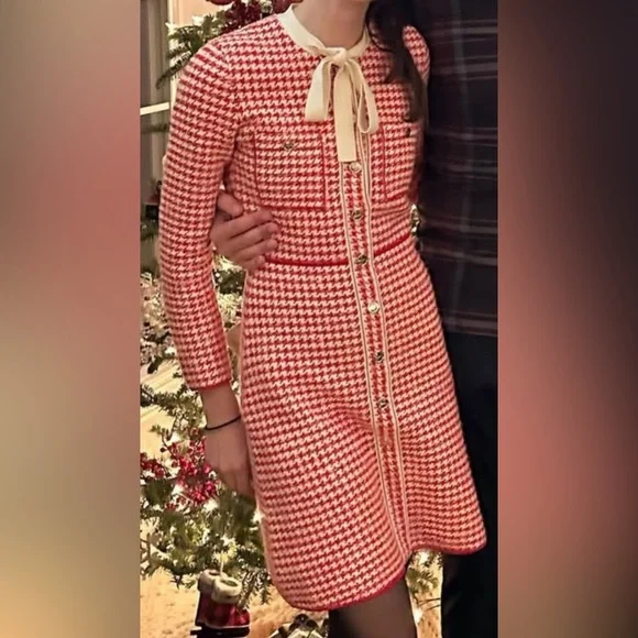 Sandro Red and Cream Houndstooth Mini Dress - Picture 2 of 6